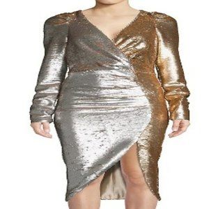 Narces - Women's X Barbie Wrap Ruched Sequin Midi Dress, Silver/Gold, Large